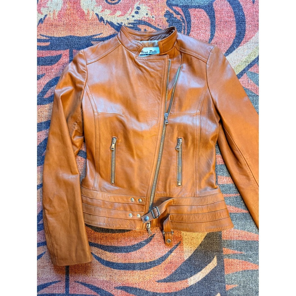 Vera Pelle Made in Italy Tan Cognac Leather Moto Jacket Asymmetrical Zip Size 40